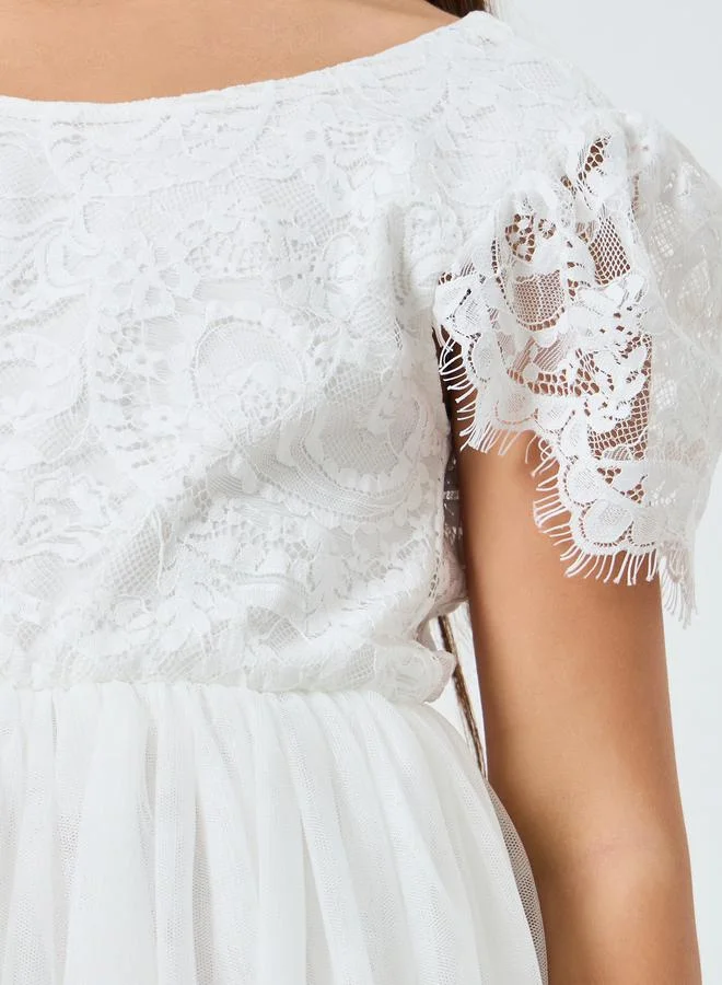 Take Two  Girls White Lace Puff Sleeve Tulle Maxi Dress for Women | Best Price UAE